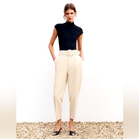 Zara Women’s High Waisted Trouser w/ Fabric Covered Belt. Small. Cream. EUC. - Picture 1 of 10